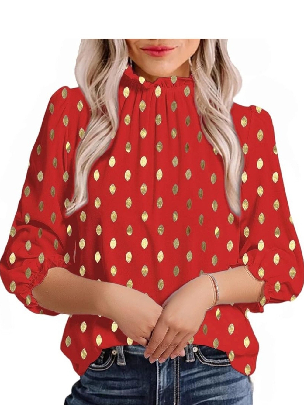 Gold Dot Red High-Neck Blouse by